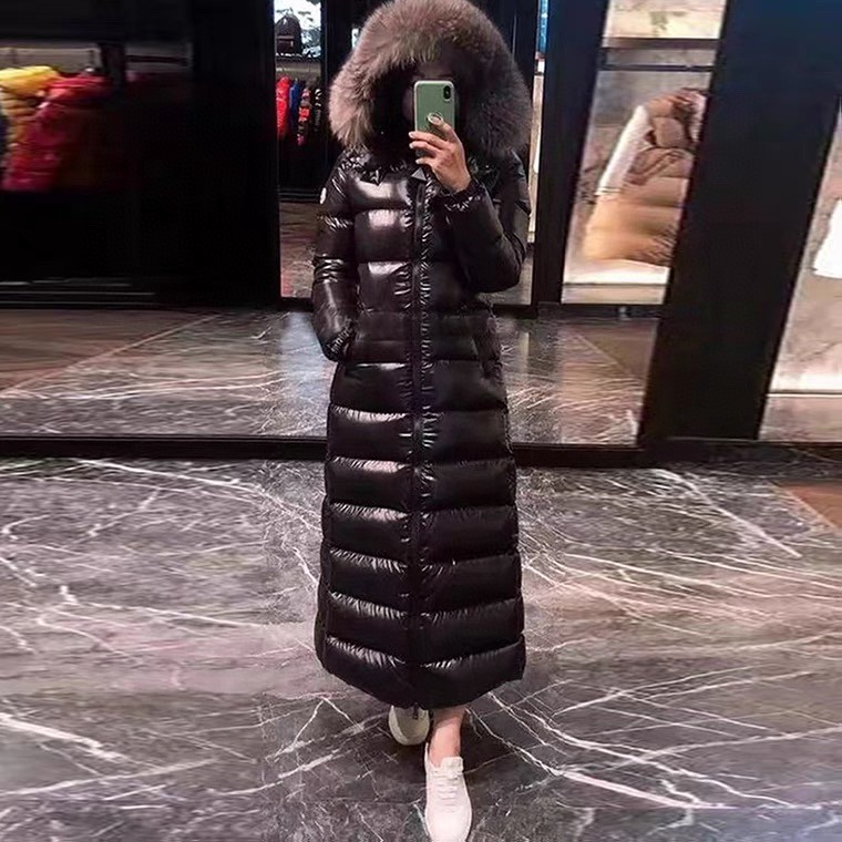 Top Moncler Hudson knee-length women's belted down coat with fox fur collar, 520g fill, keeps warm at -10 to -20°C, full-length winter coat.-Big cat