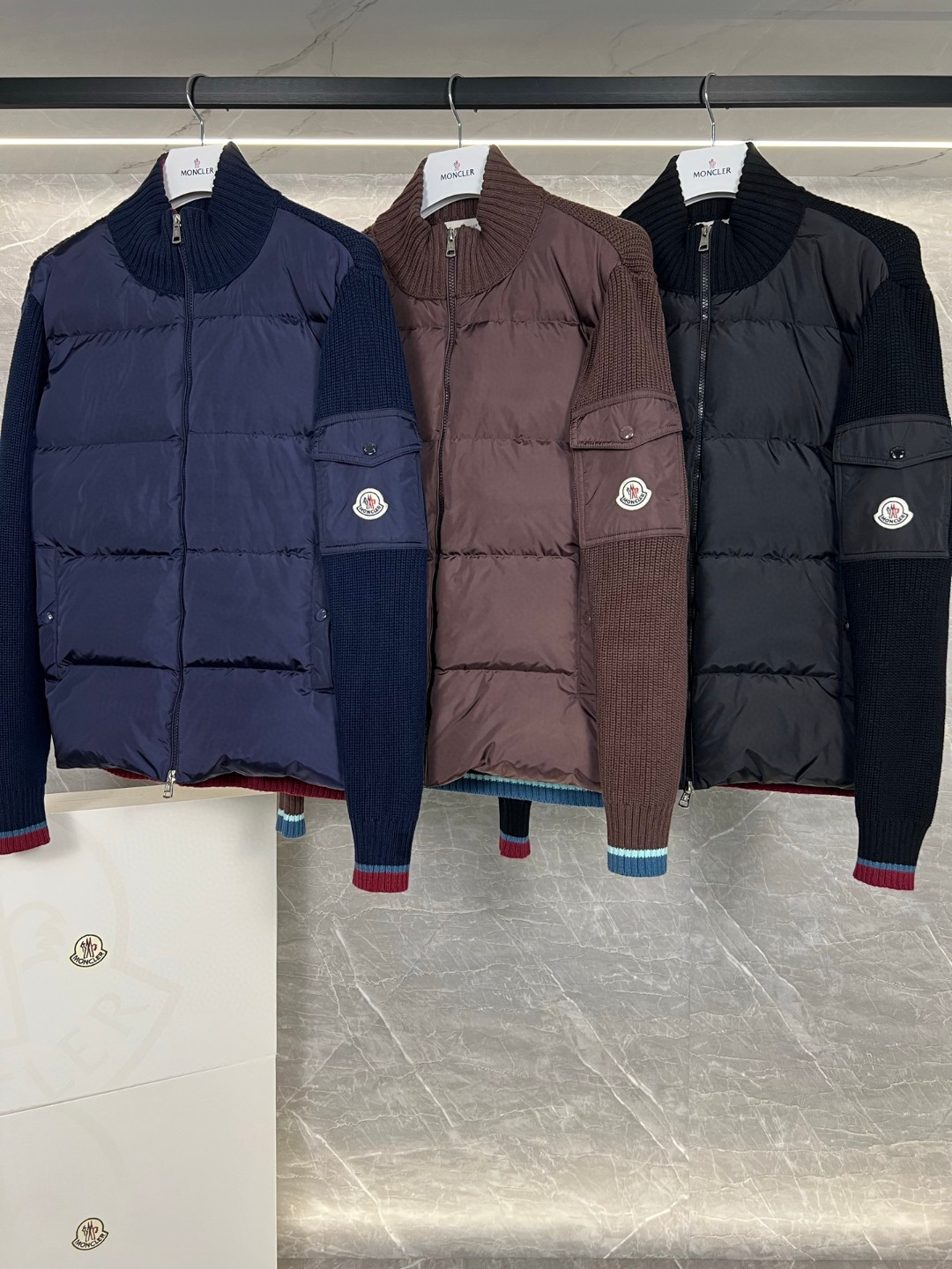 Moncler three-color zip-up knitted jacket with stand collar and sleeve pockets. Sizes: M-3XL.-Big cat