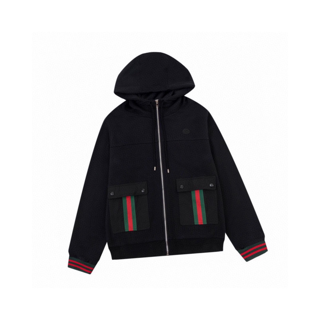 古驰/Gucci 秋冬新款口袋饰红绿条纹织带连帽外套