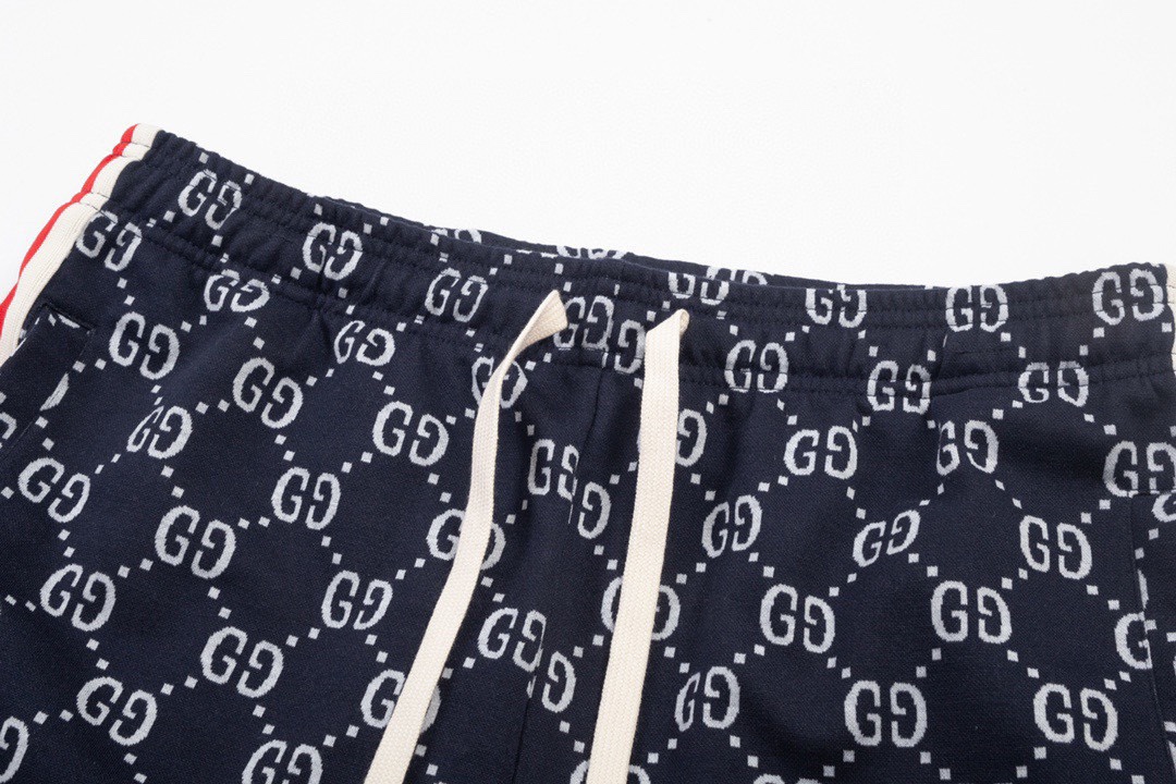 古驰/Gucci 夏季新款 经典双G老花提花休闲短裤 红白织带拼接