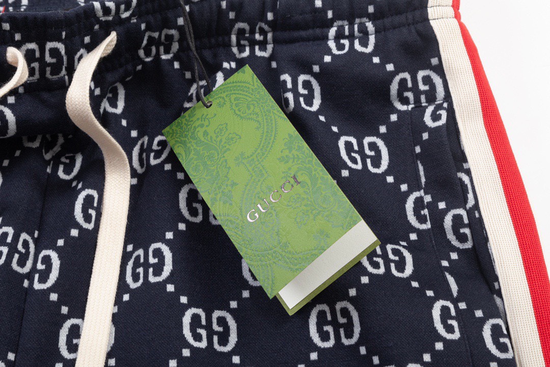 古驰/Gucci 夏季新款 经典双G老花提花休闲短裤 红白织带拼接