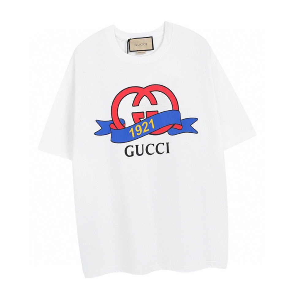 古驰/Gucci 夏季新款 经典双G互扣1921飘带印花圆领短袖T恤