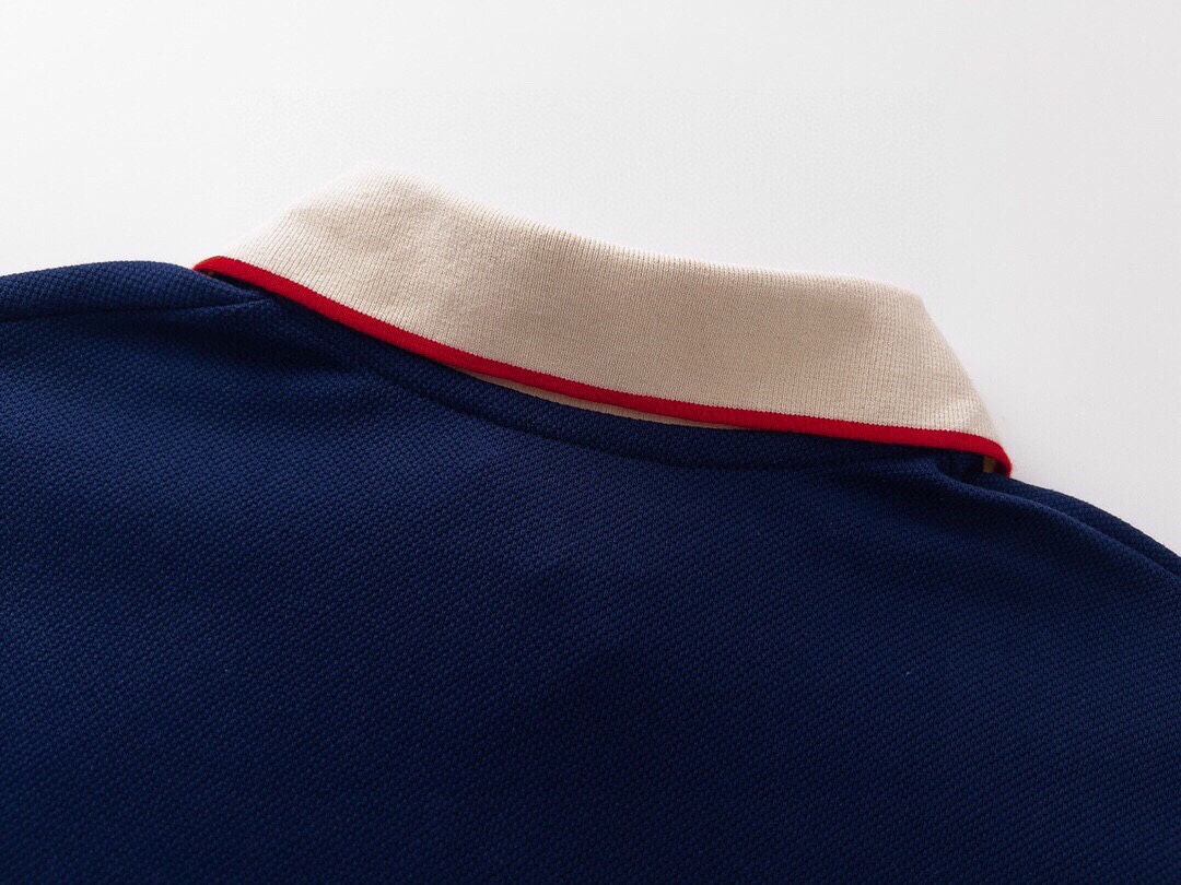 古驰/Gucci 夏季新品 口袋小双G刺绣翻领短袖polo衫 藏蓝色/米白色