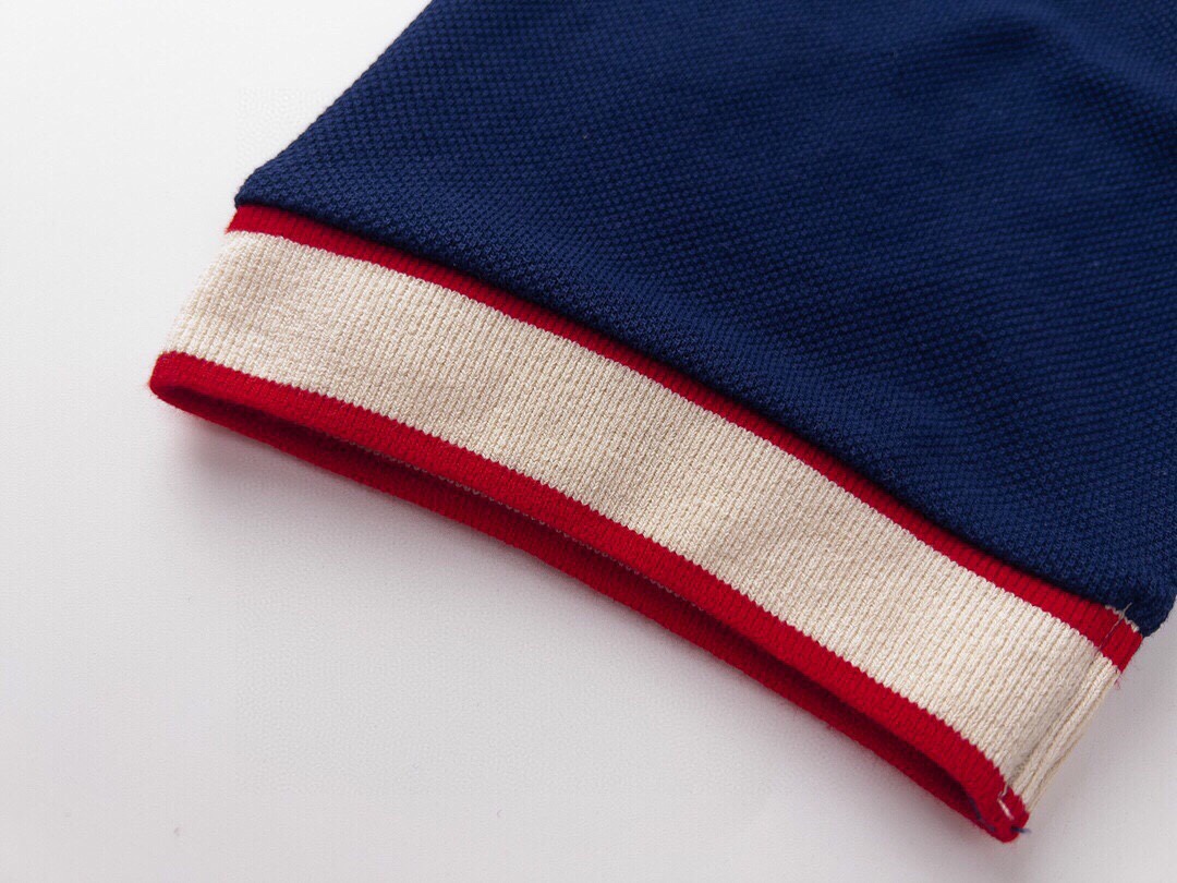 古驰/Gucci 夏季新品 口袋小双G刺绣翻领短袖polo衫 藏蓝色/米白色