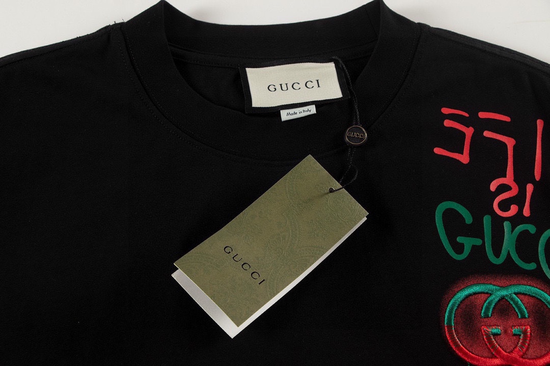 古驰/Gucci 夏季新款 简约字母流苏刺绣圆领短袖T恤 黑色