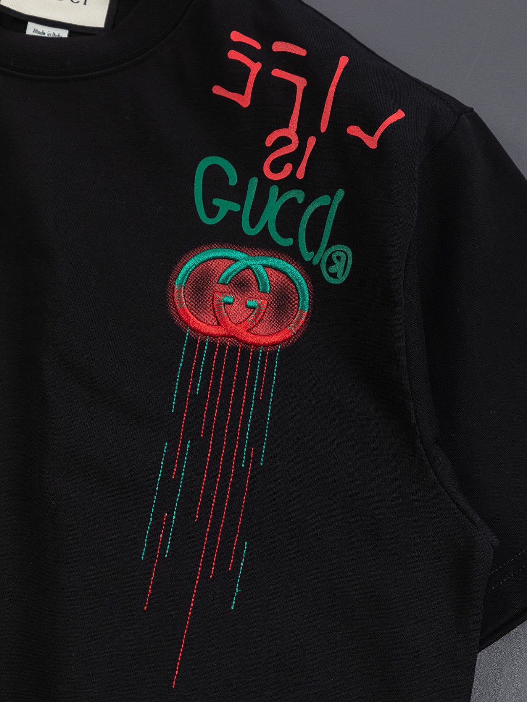 古驰/Gucci 夏季新款 简约字母流苏刺绣圆领短袖T恤 黑色