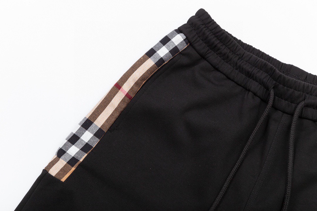 巴宝莉/Buberry 夏季新款 侧边格纹织带拼接休闲短裤五分裤 黑色