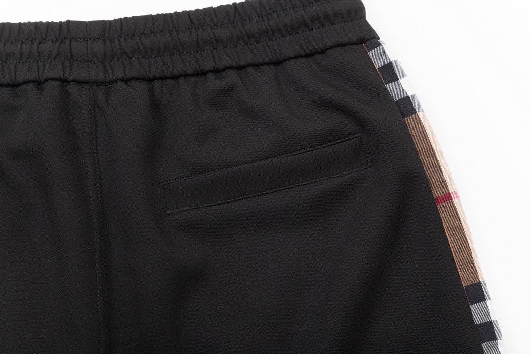 巴宝莉/Buberry 夏季新款 侧边格纹织带拼接休闲短裤五分裤 黑色