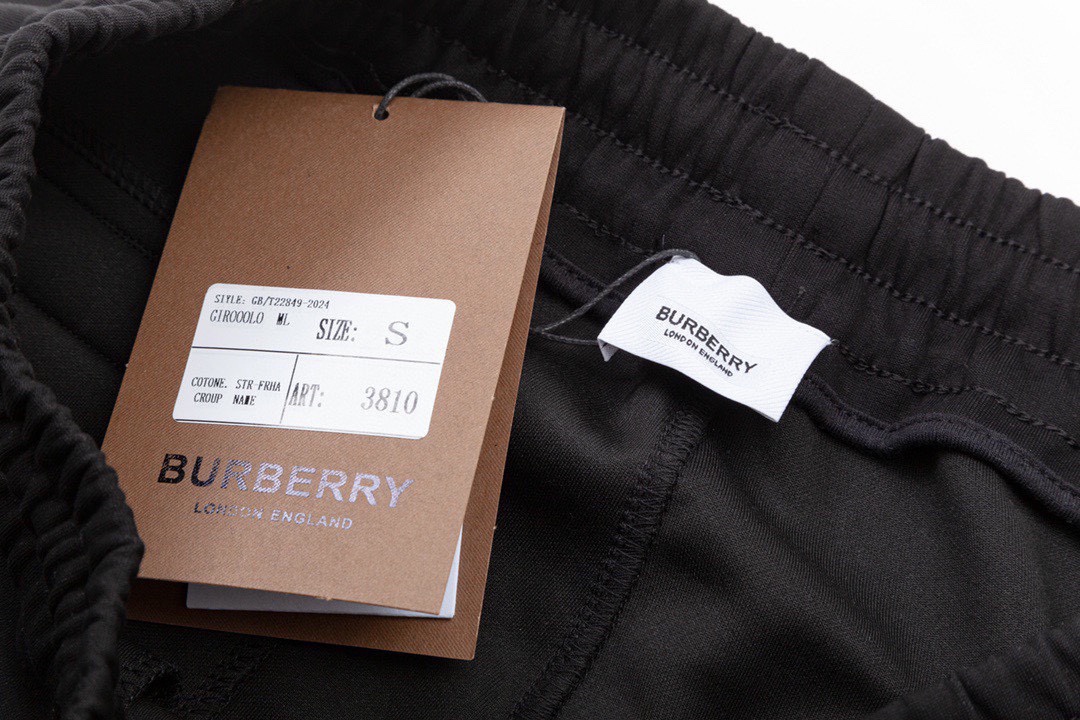 巴宝莉/Buberry 夏季新款 侧边格纹织带拼接休闲短裤五分裤 黑色