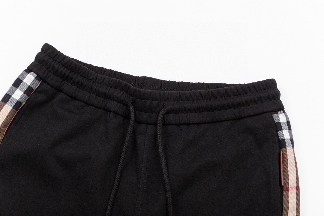 巴宝莉/Buberry 夏季新款 侧边格纹织带拼接休闲短裤五分裤 黑色