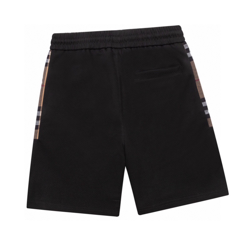 巴宝莉/Buberry 夏季新款 侧边格纹织带拼接休闲短裤五分裤 黑色