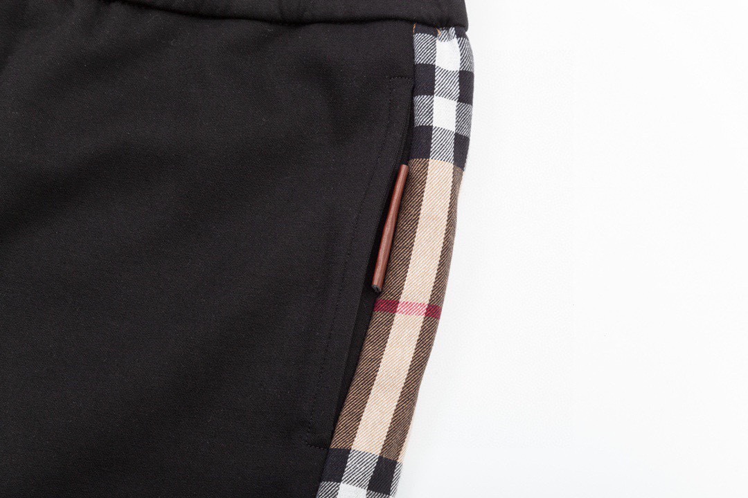巴宝莉/Buberry 夏季新款 侧边格纹织带拼接休闲短裤五分裤 黑色