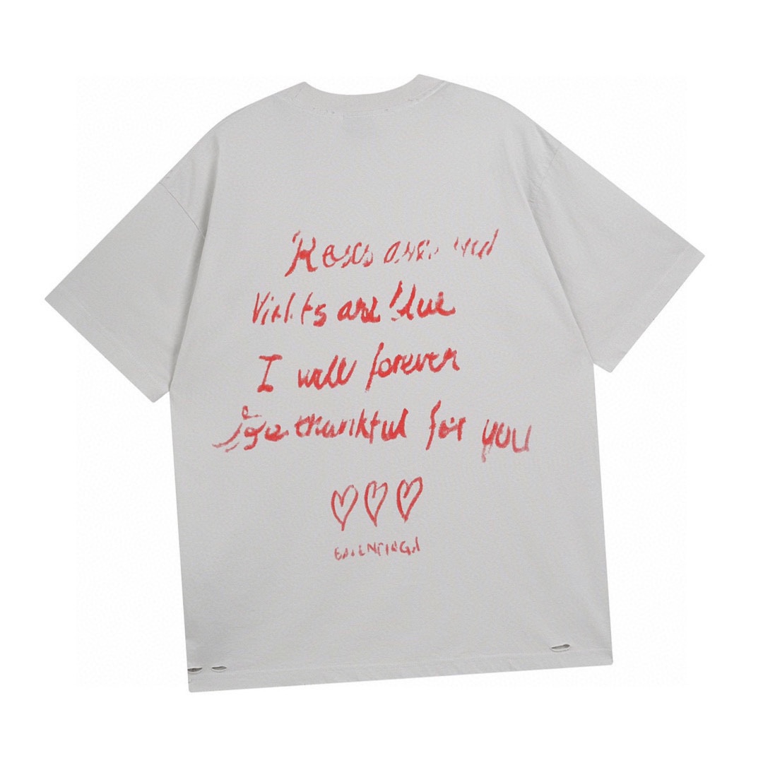 巴黎世家/Balenciaga 夏季新款 情人节限定直喷印花水洗做旧磨破圆领短袖T恤