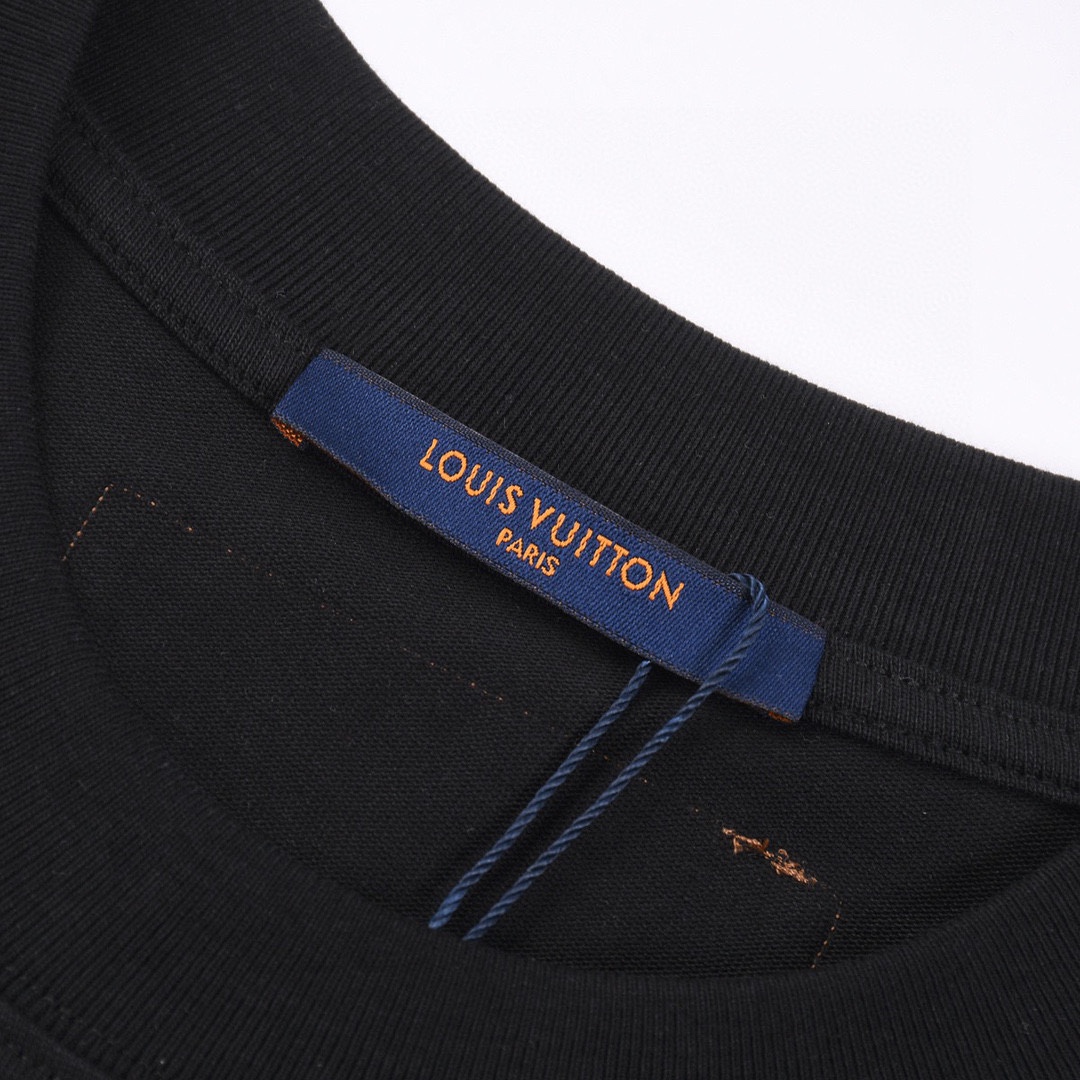 路易威登/Louis Vuitton 夏季新款 拼色苞芯字母刺绣圆领短袖T恤 黑色