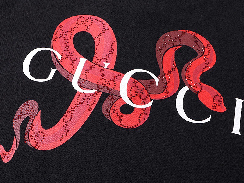 古驰/Gucci 夏季新品 蛇年限定烫钻刺绣字母圆领短袖T恤 黑色/白色