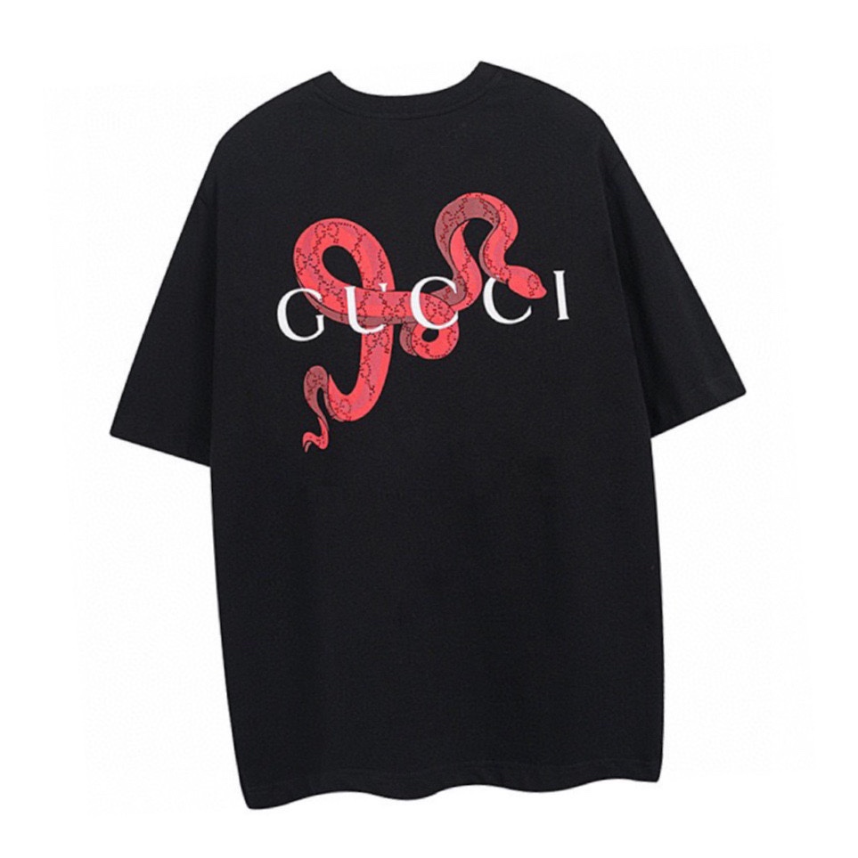 古驰/Gucci 夏季新品 蛇年限定烫钻刺绣字母圆领短袖T恤 黑色/白色