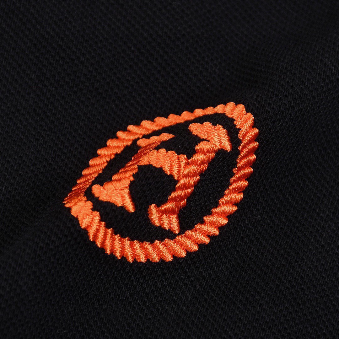 爱马仕/Hermes 夏季新款 经典字母刺绣橙条翻领短袖polo衫 黑色/白色