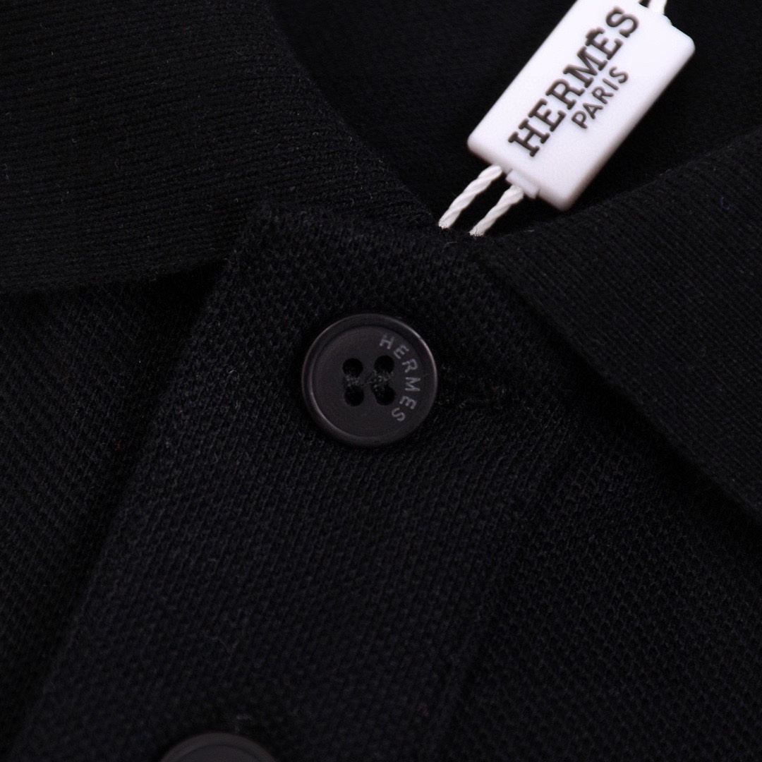 爱马仕/Hermes 夏季新款 经典字母刺绣橙条翻领短袖polo衫 黑色/白色