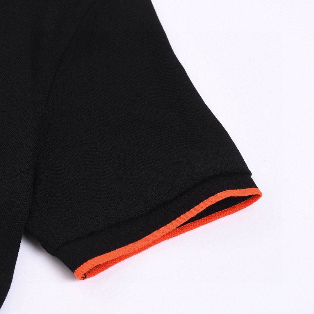 爱马仕/Hermes 夏季新款 经典字母刺绣橙条翻领短袖polo衫 黑色/白色