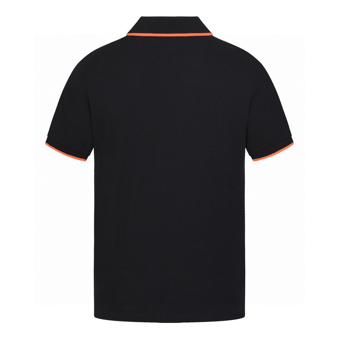 爱马仕/Hermes 夏季新款 经典字母刺绣橙条翻领短袖polo衫 黑色/白色