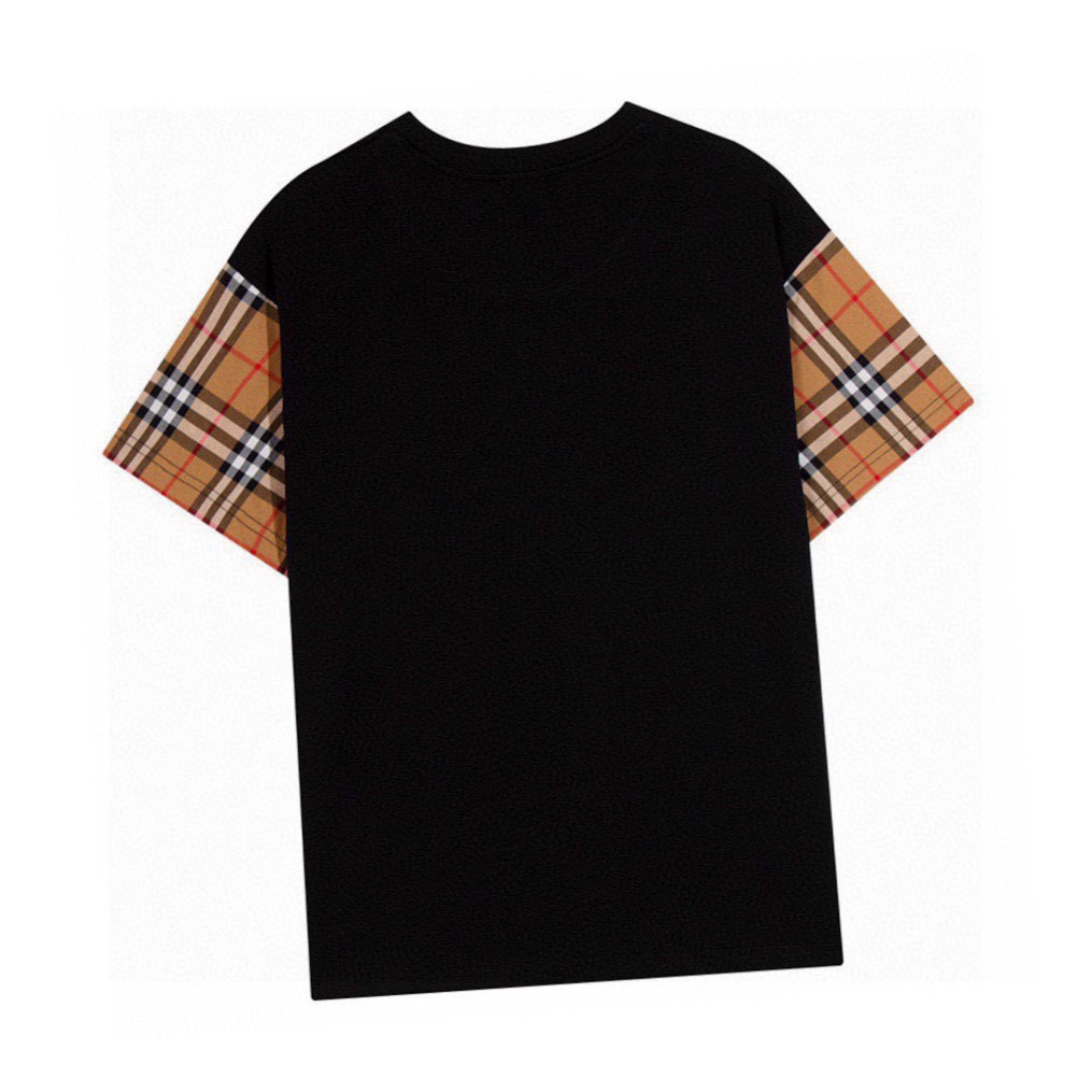 巴宝莉/Burberry 夏季新款 经典格纹袖子拼接圆领短袖T恤 黑色