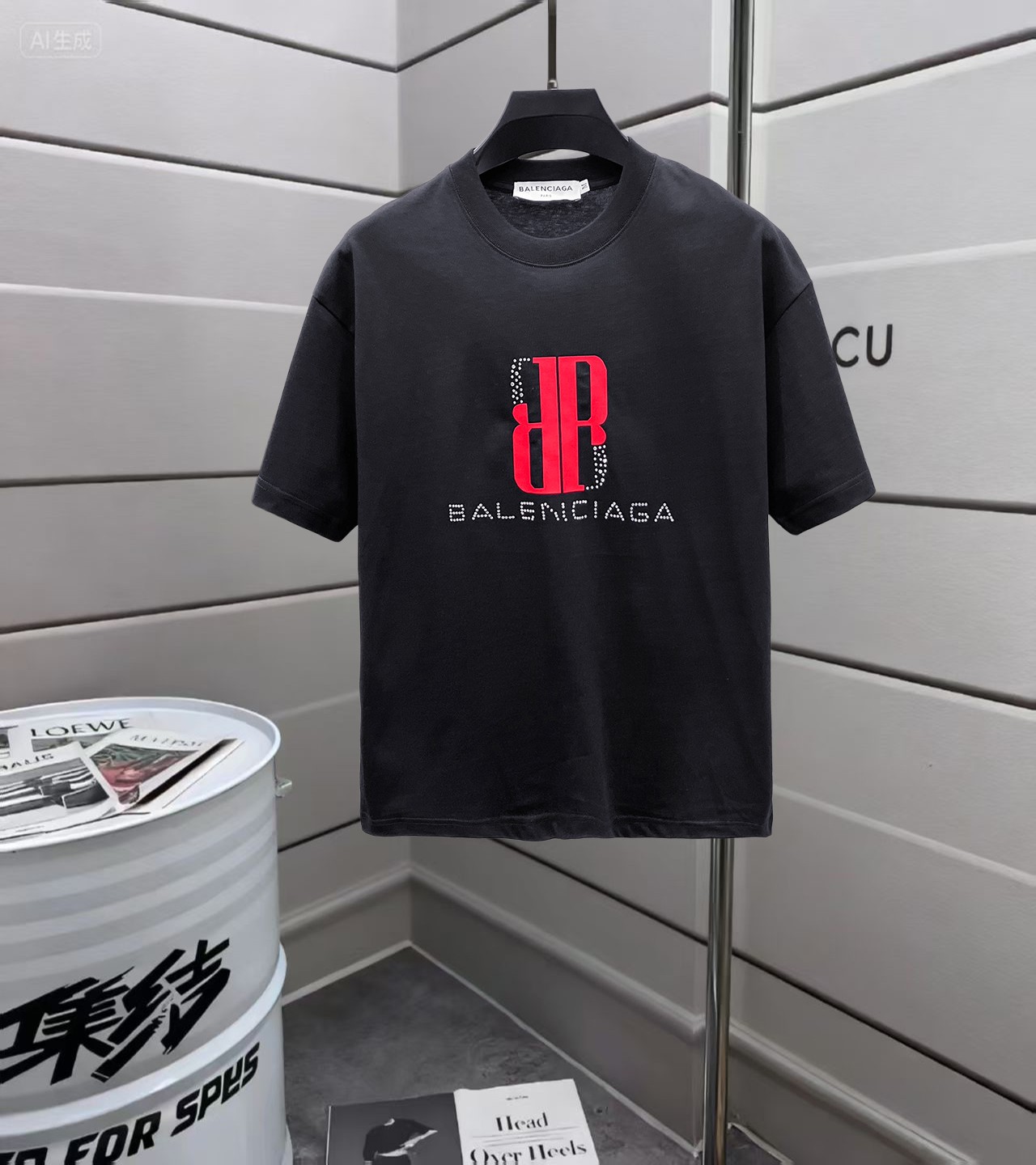 P95 Balenciaga, camiseta de manga corta con cuello redondo y logo estampado con parche en el pecho, versión alta 26SS. …