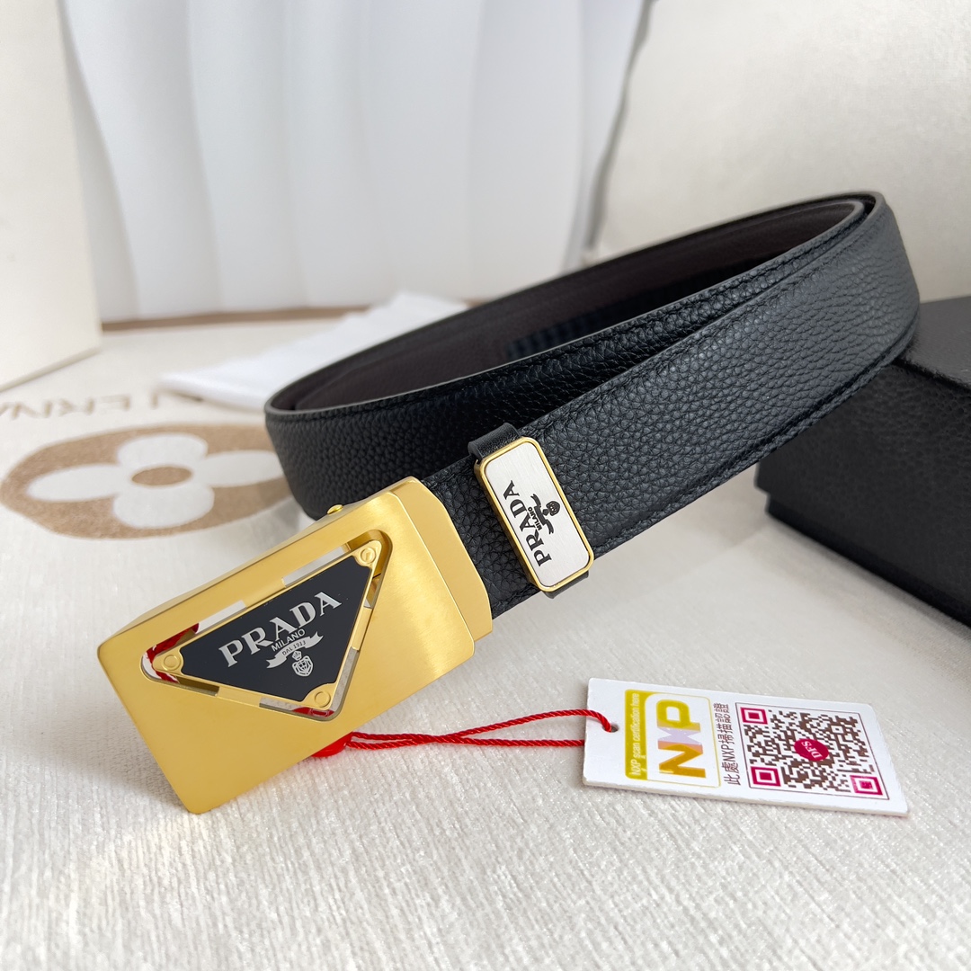 Prada Belts Black Lychee Pattern Gold Hardware Cowhide Genuine Leather
