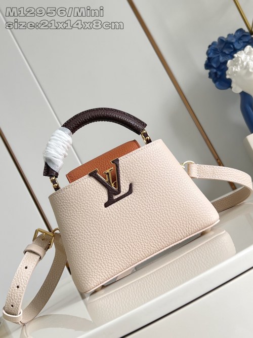 Capucines Mini Taurillon Leather Handbag with Removable Strap, Gray and Brown 1 Capucines Mini Taurillon Leather Handbag with Removable Strap, Gray and Brown
