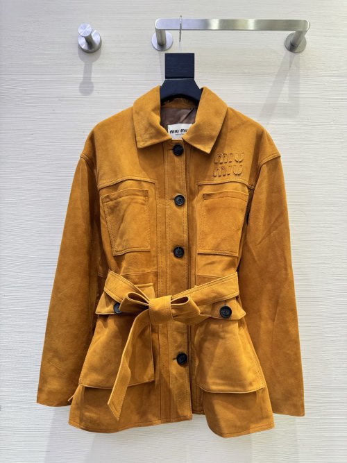 Miu Miu Suede Leather Jacket, Autumn New, Embroidered Logo, Four Pockets 1 Miu Miu Suede Leather Jacket, Autumn New, Embroidered Logo, Four Pockets