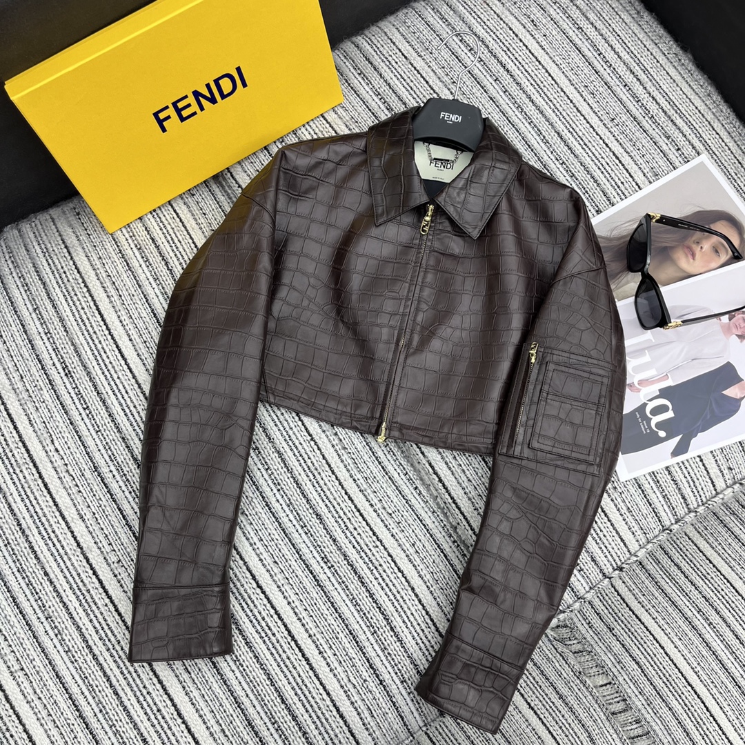 Fendi Clothing Coats & Jackets Embroidery Crocodile Leather Sheepskin