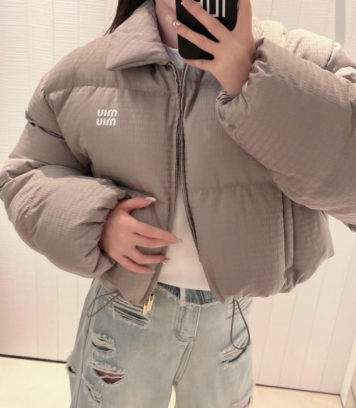 Miu Miu Women's Quilted Down Puffer Jacket with Jacquard Logo 1 Miu Miu Women's Quilted Down Puffer Jacket with Jacquard Logo