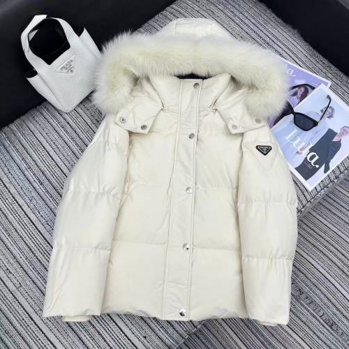 Prada 2025 Early Autumn Hooded Down Jacket with Fox Fur Trim in White 12 Prada 2025 Early Autumn Hooded Down Jacket with Fox Fur Trim in White