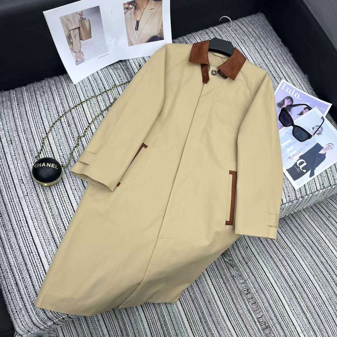 Elegant Long Trench Coat with Suede Collar, Color Block Design, High Quality