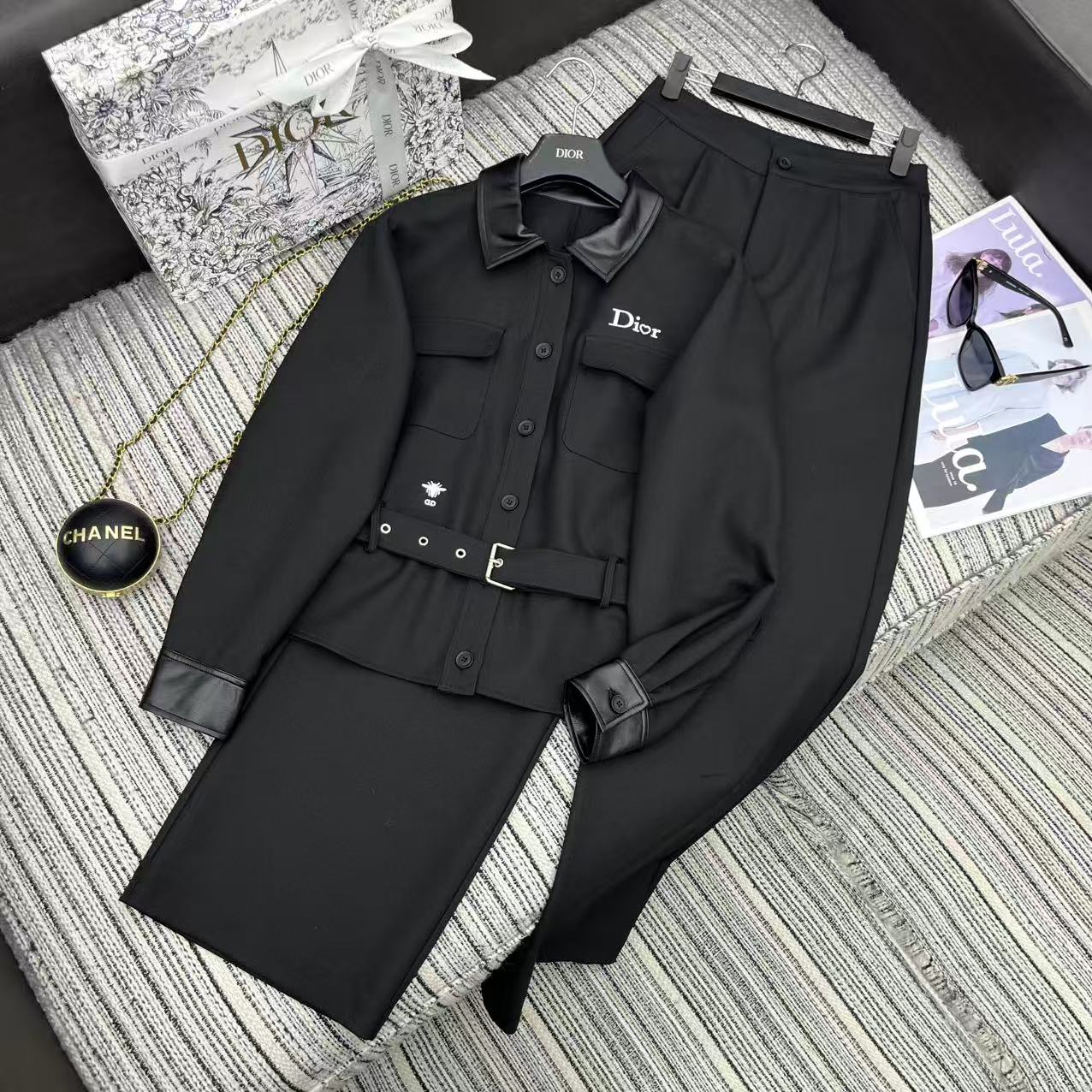 Dior Women's Black Jacket and Trouser Set - Vintage Style, Autumn Collection