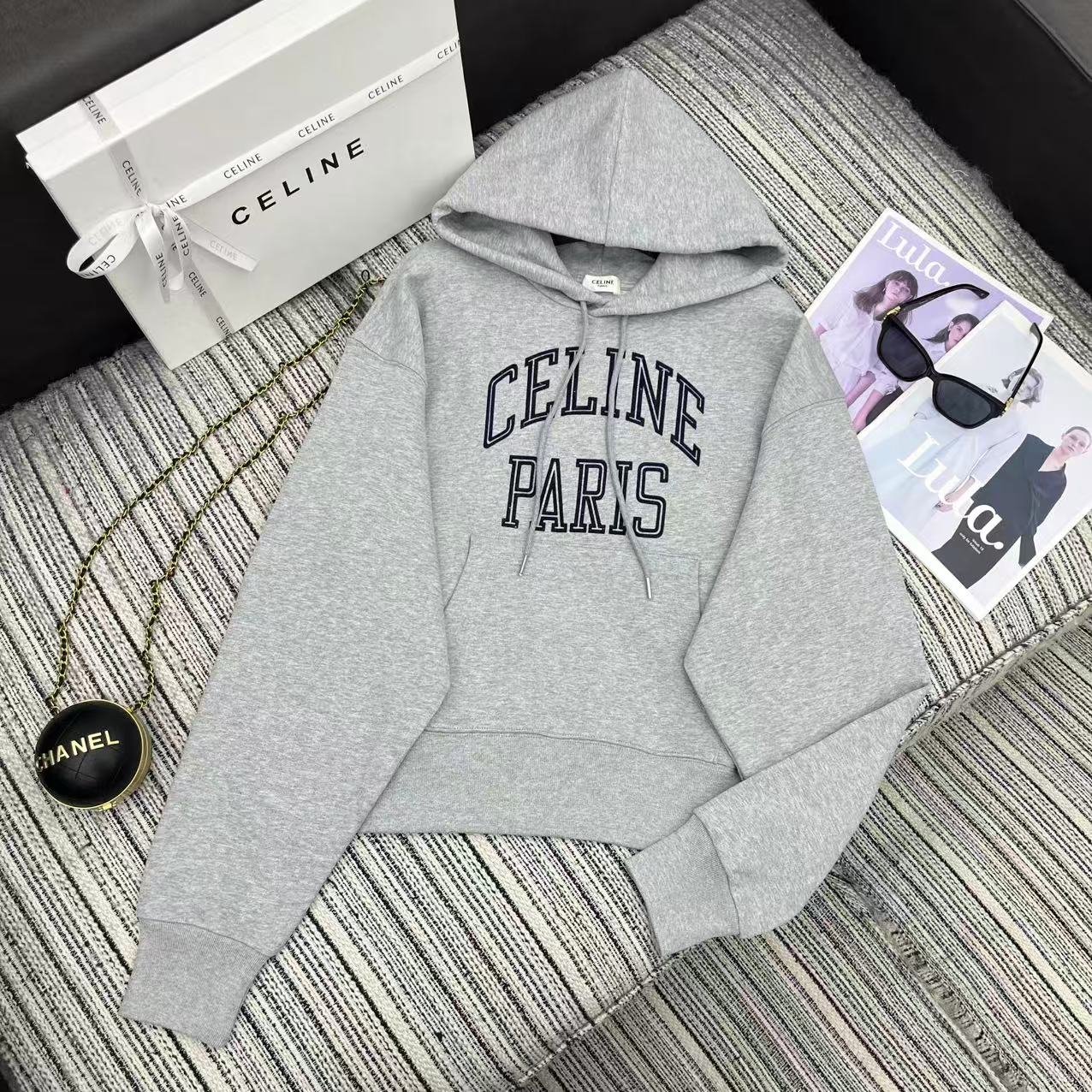Celine Women's Grey Fleece Hoodie with Flocked Logo, Drawstring, and Long Sleeves