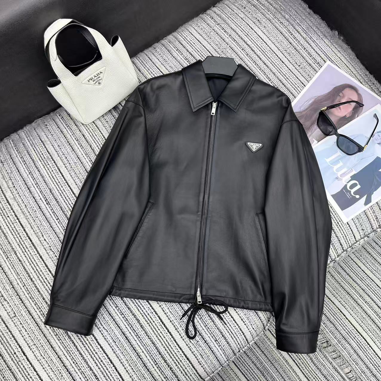 Prada Black Drawstring Leather Jacket