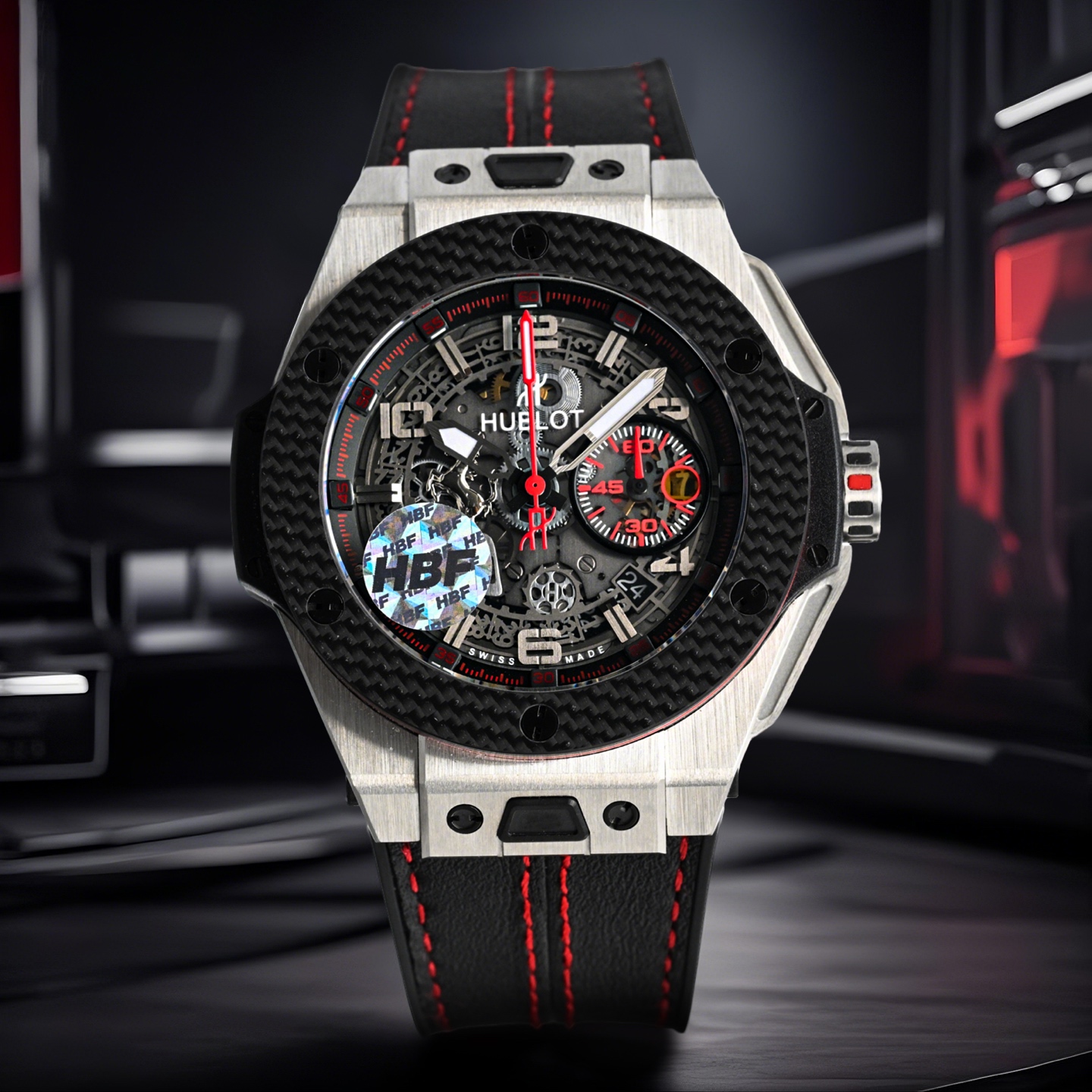 NO:391733,HBF FACTORY HUBLOT Hublot Best Replica of the Year BlG BANG Series 401.OQ.0123.VR Carbon Fiber Bezel The hierarchy of composite bezels Only unique charm serial numbers  401.NJ.0123.VR1 bezel carbon fiber mixed titanium metal.2 mirror sapphire mirror inner/outer coated anti-reflective coating.3 lug black synthetic resin. Side insert: black synthetic resin, carbon fiber insert in the middle of the case. Crown polishing treatment, black overpressure rubber insert. Button 2 o'clock position 316 stainless steel button. 4 o'clock position button engraved Ferrari logo, red paint filling. 4 dial 45 mm, Ferrari horse pattern inlay. Hour hand minute hand satin gold plated, black SuperLuminova luminous coating. Score pointer Ferrari red lacquer treatment. 5 movement modified HUB1241UNICO movement 6 strap black natural rubber strap, Schedoni leather, stitched with stitching. Cuff folding buckle, gold plating19860909HBF FACTORY 恒宝HUBLOT 宇舶表年度最佳复刻作品 BlG BANG系列401.OQ.0123.VR碳纤维表圈 复合材质表圈的层次结构 仅限独特魅力序列号 401.NJ.0123.VR1表圈碳纤维混合钛金属.2表镜蓝宝石镜面内/外覆防反光涂层.3表耳黑色合成树脂.侧插片:黑色合成树脂,表壳中部碳纤维插片.表冠抛光处理,黑色过压橡胶插片.按钮2点钟位置316精钢按钮.4点钟位置按钮刻法拉利标志,红漆填充.4表盘45毫米,法拉利跃马图案镶嵌.时针分针缎面镀金,覆黑色SuperLuminova夜光涂层.计分指针法拉利红亮漆处理.5机芯改HUB1241UNICO机芯6表带黑色天然橡胶表带,Schedoni真皮,用缝线缝合.表扣折叠式表扣,,gold plating,Watch