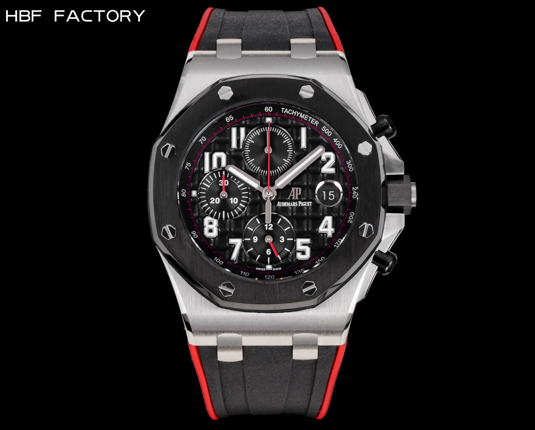 HBF  FACTORY 🅰️🅿️爱彼 皇家橡树离岸型系列26238:封顶之作 杜绝一眼假”在ＪＦ厂原有的基础上 潜心研发 突破壁垒 “打破原装封锁技术，同步原装独家计时码表款可松动头粒”使上手最大程度贴合手腕，大大提高了佩戴的舒适 同时也杜绝一眼假的尴尬处境。HBF厂真正做到从每一个喜欢手⌚️的表友角度考虑  2.采用最新CNC级别的打磨技术，将整个表壳的个个角度完美处理，3.每颗六角螺丝都与表框处于同一平面上，不接受一丝一毫的凸显与凹陷，真正诠释了何为顶级复刻艺术 4.表盘以爱彼经典的大格纹为背景，层次分明的方格排列，经过完美打磨，将匠人的工艺体现的淋漓尽致 5.镜面采用双面蓝宝石镜片，天然氟橡胶皮带，6.机芯采用原装3126的计时机芯，十二位的小秒，6点钟位和九点位的12小时计时与30分钟计时，完美的还原了原版的所有功能，每块手表都经过人工QC确保机芯的稳定性，真正做到无可挑剔