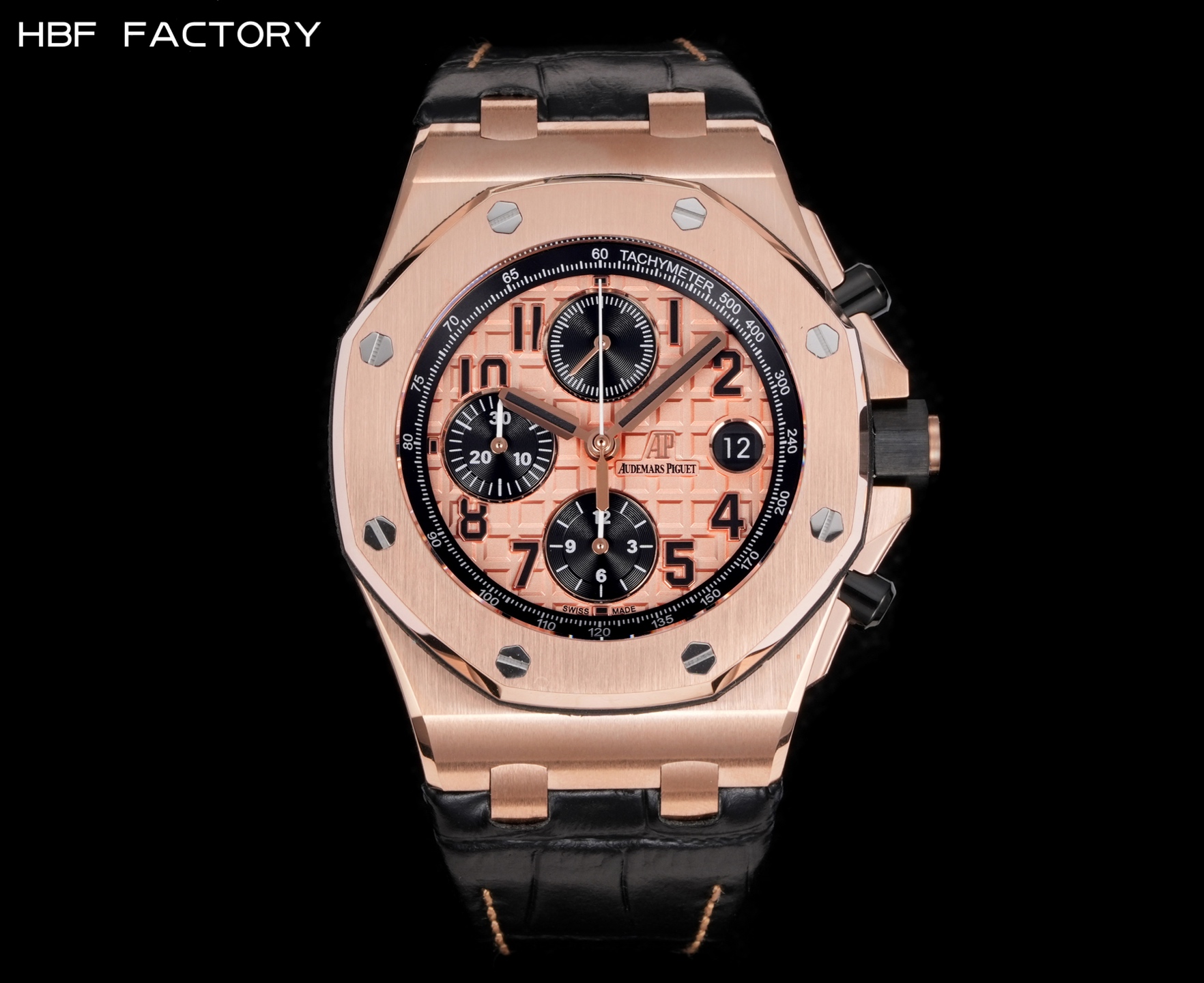 HBF  FACTORY 🅰️🅿️爱彼 皇家橡树离岸型系列26238:封顶之作 杜绝一眼假”在ＪＦ厂原有的基础上 潜心研发 突破壁垒 “打破原装封锁技术，同步原装独家计时码表款可松动头粒”使上手最大程度贴合手腕，大大提高了佩戴的舒适 同时也杜绝一眼假的尴尬处境。HBF厂真正做到从每一个喜欢手⌚️的表友角度考虑  2.采用最新CNC级别的打磨技术，将整个表壳的个个角度完美处理，3.每颗六角螺丝都与表框处于同一平面上，不接受一丝一毫的凸显与凹陷，真正诠释了何为顶级复刻艺术 4.表盘以爱彼经典的大格纹为背景，层次分明的方格排列，经过完美打磨，将匠人的工艺体现的淋漓尽致 5.镜面采用双面蓝宝石镜片，天然氟橡胶皮带，6.机芯采用原装3126的计时机芯，十二位的小秒，6点钟位和九点位的12小时计时与30分钟计时，完美的还原了原版的所有功能，每块手表都经过人工QC确保机芯的稳定性，真正做到无可挑剔