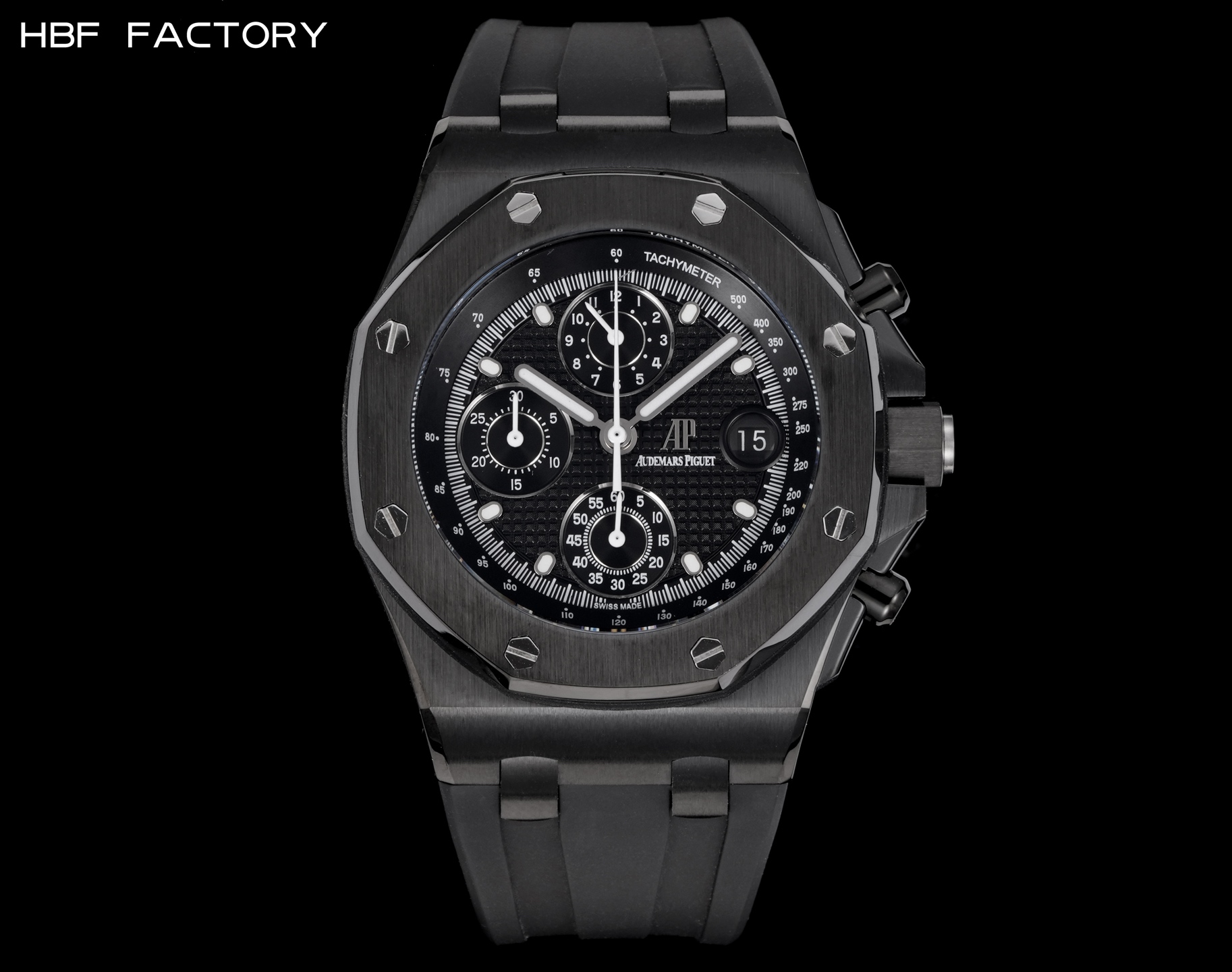 HBF  FACTORY 🅰️🅿️爱彼 皇家橡树离岸型系列26238:封顶之作 杜绝一眼假”在ＪＦ厂原有的基础上 潜心研发 突破壁垒 “打破原装封锁技术，同步原装独家计时码表款可松动头粒”使上手最大程度贴合手腕，大大提高了佩戴的舒适 同时也杜绝一眼假的尴尬处境。HBF厂真正做到从每一个喜欢手⌚️的表友角度考虑  2.采用最新CNC级别的打磨技术，将整个表壳的个个角度完美处理，3.每颗六角螺丝都与表框处于同一平面上，不接受一丝一毫的凸显与凹陷，真正诠释了何为顶级复刻艺术 4.表盘以爱彼经典的大格纹为背景，层次分明的方格排列，经过完美打磨，将匠人的工艺体现的淋漓尽致 5.镜面采用双面蓝宝石镜片，天然氟橡胶皮带，6.机芯采用原装3126的计时机芯，十二位的小秒，6点钟位和九点位的12小时计时与30分钟计时，完美的还原了原版的所有功能，每块手表都经过人工QC确保机芯的稳定性，真正做到无可挑剔