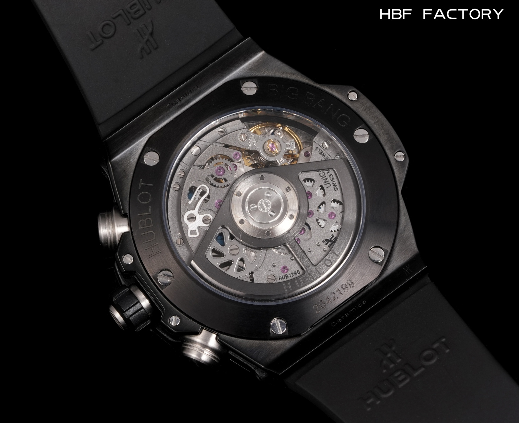 1650💰HBF  FACTORY  V2版 宇舶(恒宝)HUBLOT ——英勇无畏，拳拳出击，简称“HUB”“恒宝”，BigBang大爆炸元素材料计时码表v2版❶表壳采用进口316精钢材料 设计感爆炸❷搭载7750改“HUB1242”自动机芯 计时瞬启与一键飞返 完美还原原装功能 二次增重自动摆坨 达到更稳定的走时和超低返修率❸表带采用天然橡树橡胶表带 超强防水 柔软舒适❹表镜采用天然蓝宝石玻璃 耐磨耐刮 通透零瑕疵          作为一个年轻的品牌 宇舶以张扬的个性和独特的设计在高端制造下重抹一笔青春活力 将与大家一同感受年轻的自由！！！