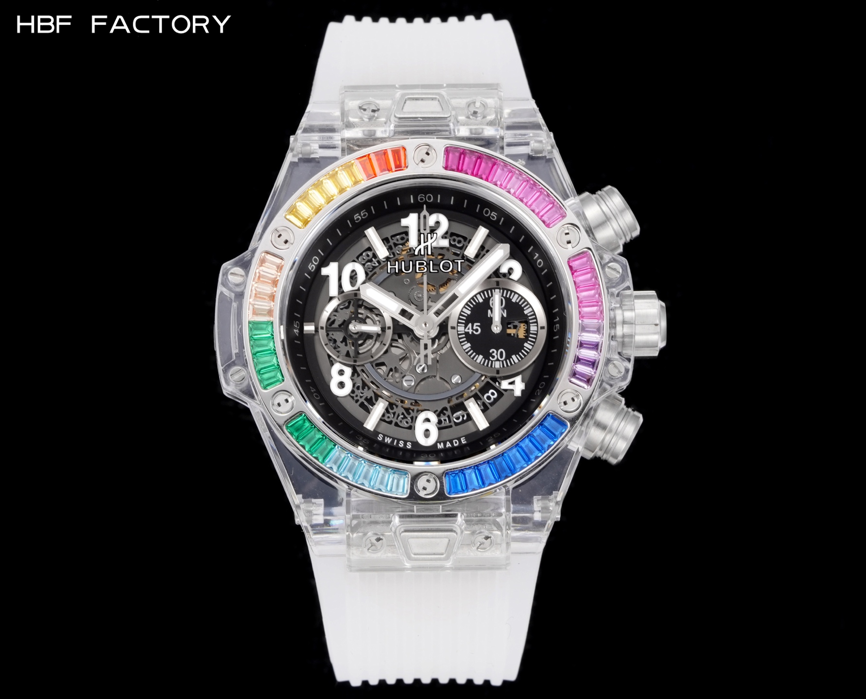 NO:386066,HBF FACTORY HUBLOT Hublot's best replica work of the year - Hublot BIG  BANG series 411.JX.4802.RT 'full transparent watch' [Excellent details] 1. Restore the hollow layout of the dragon and phoenix dancing behind the dial, 2. Use the same acrylic plexiglass extreme cloning as the original - complete the impossible tasks. This material is not only hard, but also has excellent physical characteristics such as corrosion resistance and wear resistance. [Movement function] The watch is 45mm in diameter. It uses an enhanced chronograph movement to convert the original HUB.1242 core to achieve all the functions matching the formal wear. [Striving for excellence] Go all your efforts and check it layer by layer, while ensuring the perfect 'perspective sense', and do your best to restore every detail of the authentic product. [Gift] Comes with a pair of natural rubber straps of the same different colors (can replace the original) to replicate the first 'full transparent work'.19860909HBF FACTORY 恒宝HUBLOT 宇舶表年度最佳复刻作品——宇舶BIG BANG系列411.JX.4802.RT“全透明腕表”【精彩细节】1.还原正品表盘后龙飞凤舞的镂空布局,2.采用与原装同样的丙烯酸有机玻璃极致克隆——完成不可能完成的任务.该材质不仅硬度高,且具有抗鑫腐蚀,耐磨损等卓越物理特性.【机芯功能】腕表直径45mm.采用增强版计时机芯改原装HUB.1242型芯,实现所有功能吻合正装.【精益求精】全力以赴,层层把关,在保证完美“透视感官”的同时,竭心尽力还原正品的每个细节.【赠品】附赠一副同款不同色的天然橡胶表带（可替代原装）复刻界首款“全透佳作”,,Watch