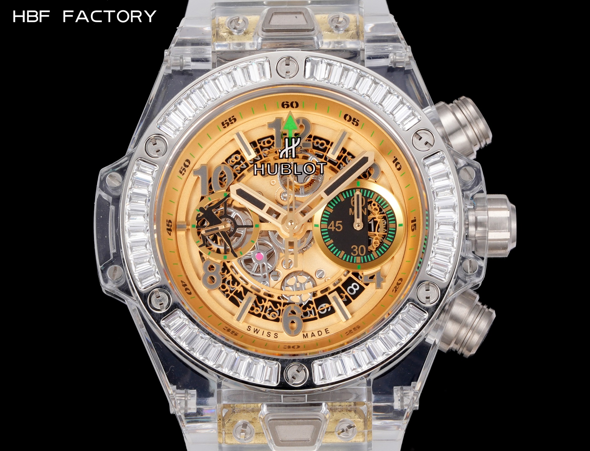 光壳 1950，钻壳 2050💰
HBF  FACTORY 恒宝HUBLOT 宇舶表年度最佳复刻作品——宇舶BIG BANG系列411.JX.4802.RT“全透明腕表”
【精彩细节】1.还原正品表盘后龙飞凤舞的镂空布局，2.采用与原装同样的丙烯酸有机玻璃极致克隆——完成不可能完成的任务。该材质不仅硬度高，且具有抗鑫腐蚀，耐磨损等卓越物理特性。
【机芯功能】腕表直径45mm。采用增强版计时7750机芯改原装HUB.1242型芯，实现所有功能吻合正装。
【精益求精】全力以赴，层层把关，在保证完美“透视感官”的同时，竭心尽力还原正品的每个细节。
【赠品】附赠一副同款不同色的天然橡胶表带（可替代原装）复刻界首款“全透佳作”
