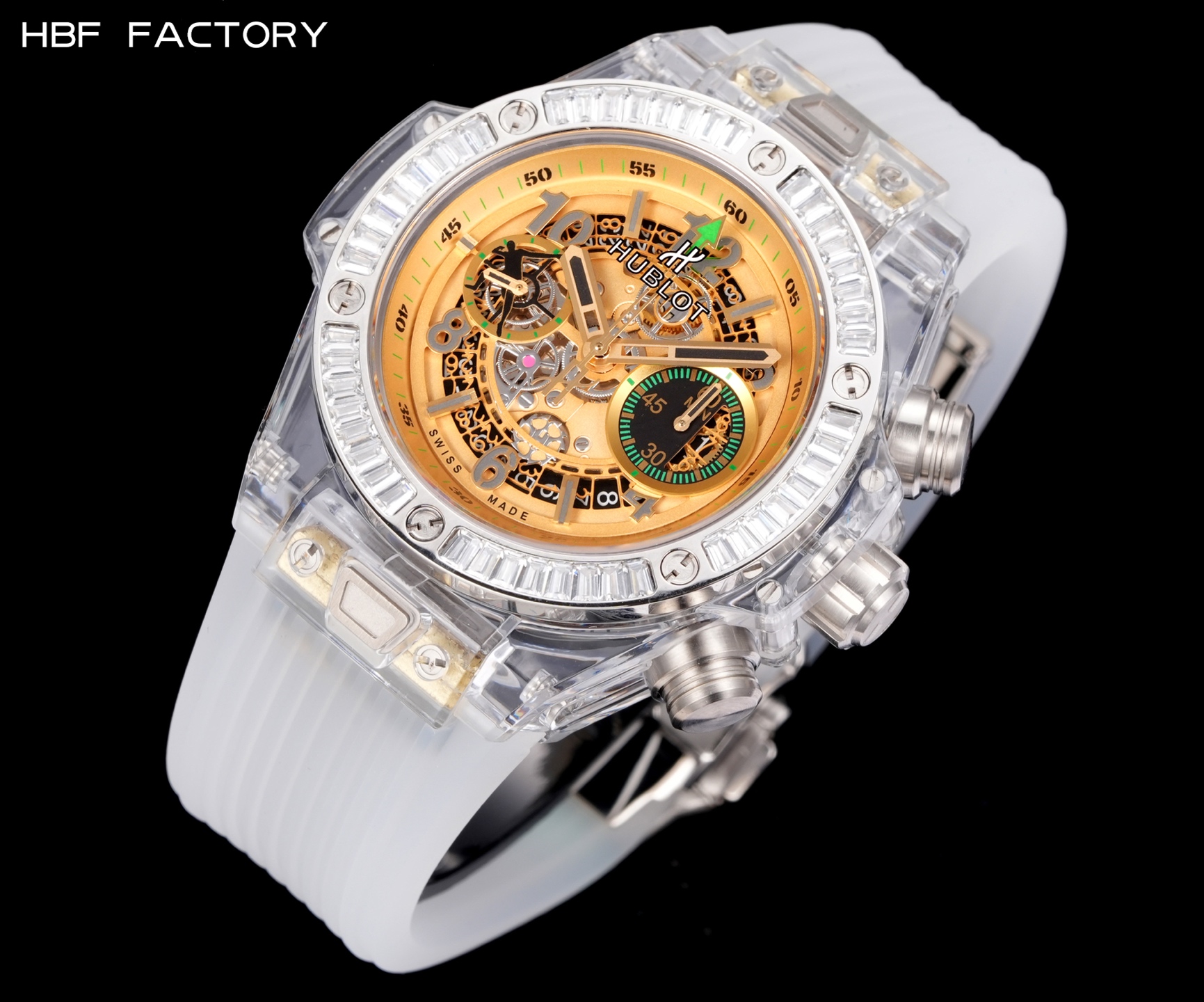 光壳 1950，钻壳 2050💰
HBF  FACTORY 恒宝HUBLOT 宇舶表年度最佳复刻作品——宇舶BIG BANG系列411.JX.4802.RT“全透明腕表”
【精彩细节】1.还原正品表盘后龙飞凤舞的镂空布局，2.采用与原装同样的丙烯酸有机玻璃极致克隆——完成不可能完成的任务。该材质不仅硬度高，且具有抗鑫腐蚀，耐磨损等卓越物理特性。
【机芯功能】腕表直径45mm。采用增强版计时7750机芯改原装HUB.1242型芯，实现所有功能吻合正装。
【精益求精】全力以赴，层层把关，在保证完美“透视感官”的同时，竭心尽力还原正品的每个细节。
【赠品】附赠一副同款不同色的天然橡胶表带（可替代原装）复刻界首款“全透佳作”