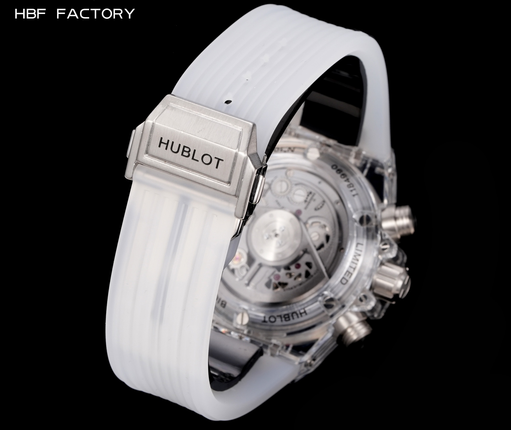 光壳 1950，钻壳 2050💰
HBF  FACTORY 恒宝HUBLOT 宇舶表年度最佳复刻作品——宇舶BIG BANG系列411.JX.4802.RT“全透明腕表”
【精彩细节】1.还原正品表盘后龙飞凤舞的镂空布局，2.采用与原装同样的丙烯酸有机玻璃极致克隆——完成不可能完成的任务。该材质不仅硬度高，且具有抗鑫腐蚀，耐磨损等卓越物理特性。
【机芯功能】腕表直径45mm。采用增强版计时7750机芯改原装HUB.1242型芯，实现所有功能吻合正装。
【精益求精】全力以赴，层层把关，在保证完美“透视感官”的同时，竭心尽力还原正品的每个细节。
【赠品】附赠一副同款不同色的天然橡胶表带（可替代原装）复刻界首款“全透佳作”