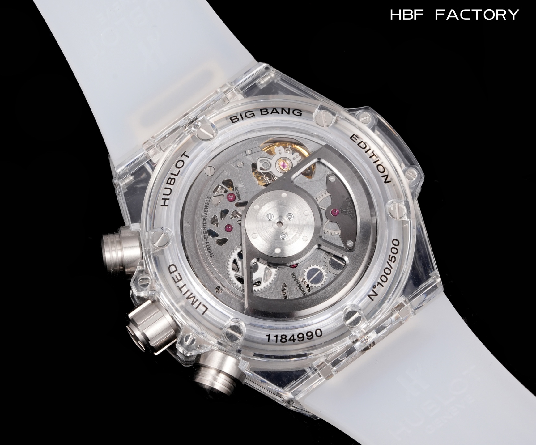 光壳 1950，钻壳 2050💰
HBF  FACTORY 恒宝HUBLOT 宇舶表年度最佳复刻作品——宇舶BIG BANG系列411.JX.4802.RT“全透明腕表”
【精彩细节】1.还原正品表盘后龙飞凤舞的镂空布局，2.采用与原装同样的丙烯酸有机玻璃极致克隆——完成不可能完成的任务。该材质不仅硬度高，且具有抗鑫腐蚀，耐磨损等卓越物理特性。
【机芯功能】腕表直径45mm。采用增强版计时7750机芯改原装HUB.1242型芯，实现所有功能吻合正装。
【精益求精】全力以赴，层层把关，在保证完美“透视感官”的同时，竭心尽力还原正品的每个细节。
【赠品】附赠一副同款不同色的天然橡胶表带（可替代原装）复刻界首款“全透佳作”