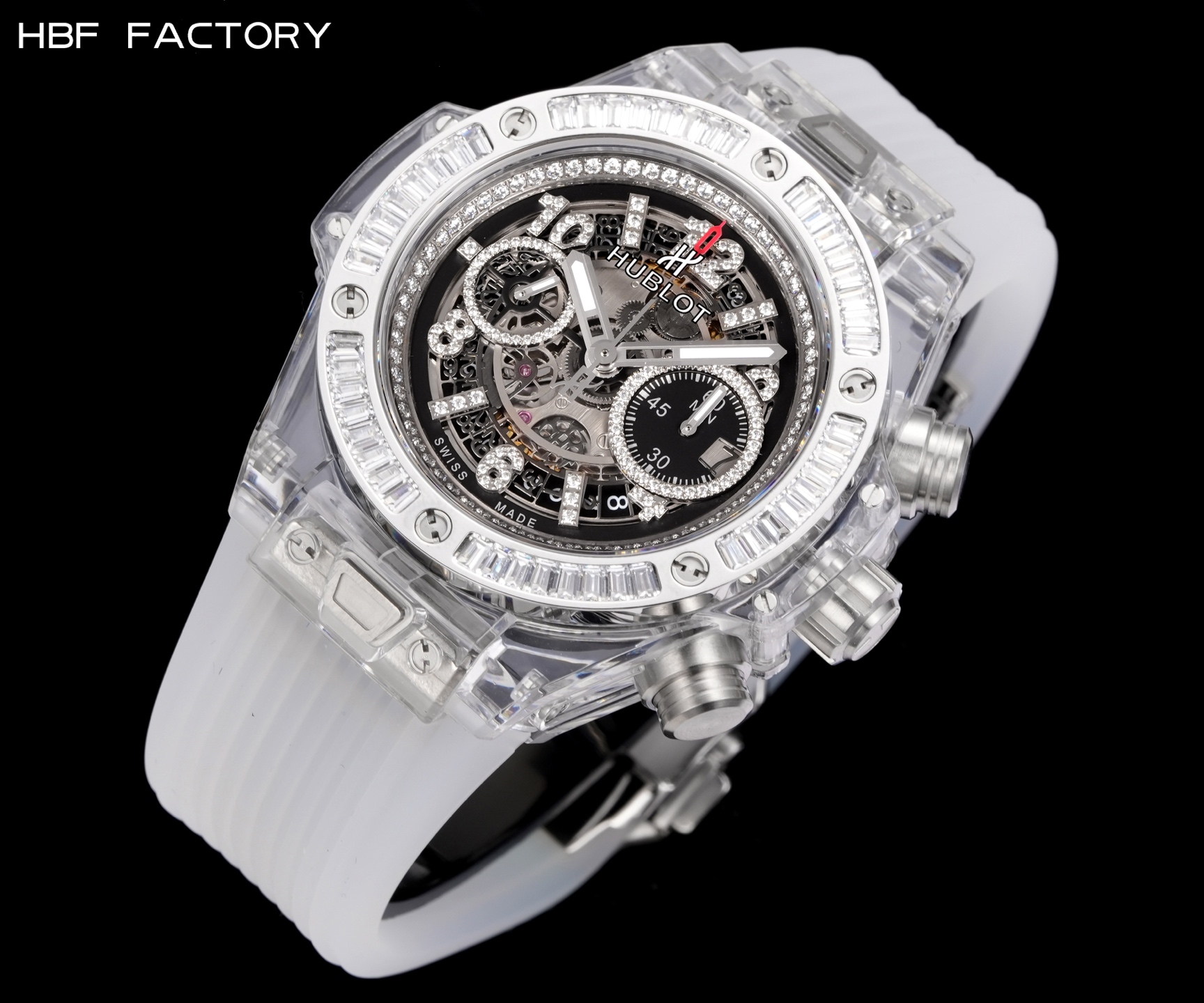 光壳 1950，钻壳 2050💰
HBF  FACTORY 恒宝HUBLOT 宇舶表年度最佳复刻作品——宇舶BIG BANG系列411.JX.4802.RT“全透明腕表”
【精彩细节】1.还原正品表盘后龙飞凤舞的镂空布局，2.采用与原装同样的丙烯酸有机玻璃极致克隆——完成不可能完成的任务。该材质不仅硬度高，且具有抗鑫腐蚀，耐磨损等卓越物理特性。
【机芯功能】腕表直径45mm。采用增强版计时7750机芯改原装HUB.1242型芯，实现所有功能吻合正装。
【精益求精】全力以赴，层层把关，在保证完美“透视感官”的同时，竭心尽力还原正品的每个细节。
【赠品】附赠一副同款不同色的天然橡胶表带（可替代原装）复刻界首款“全透佳作”