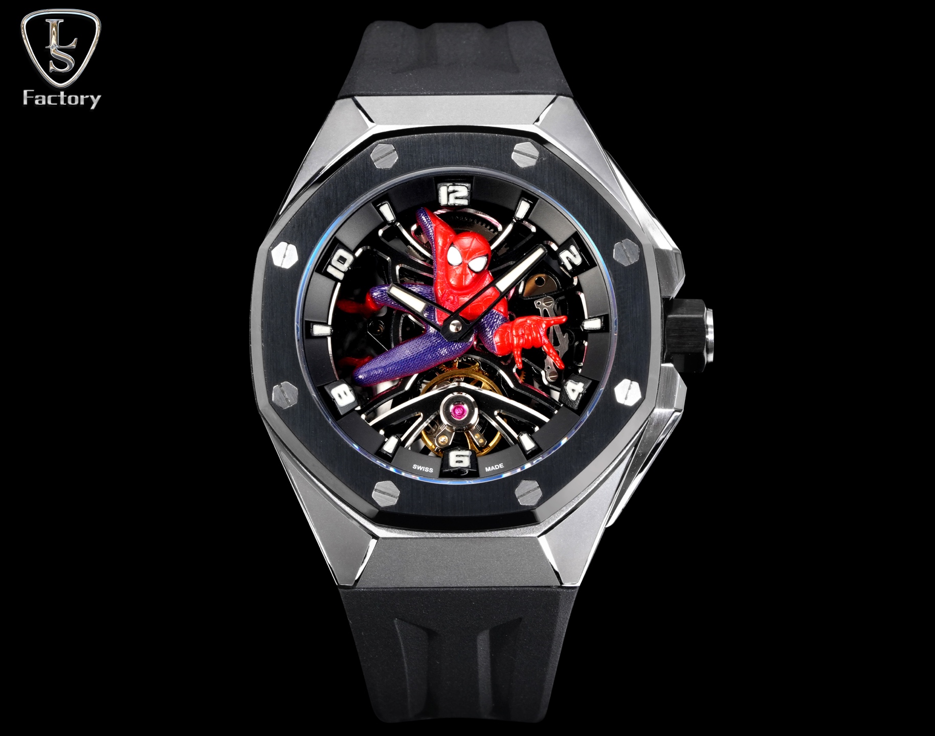 NO:689067,Unified LS.Factory Audemars Piguet [Marvel Spider-Man Co-branded Limited Edition] Royal Oak Concept Series 26631lO.OO.D002CA.01 1. Newly molded 43 mm case, using a new design, a more ergonomic case, and more exquisite case details. It has larger polished chamfers, size 43MM~14MM,  The 43 mm wide case has been carefully modified to accommodate the new movement with a slightly larger diameter. 2. The movement uses an imported customized manual tourbillon movement, which is more beautiful and more stable in quality. 3. The case is made of Japanese 316 stainless steel, which shows that the steel case is more bright and bright (not ordinary 306 steel for the market) 4. The mirror is made of imported sapphire glass mirror 5.  The strap is made of canvas leather, which is more comfortable to wear and feels better. It is not pressed out of leather, and the buckle adopts a folding butterfly buckle. 6. Order now and you will receive a custom-made box that is convenient for you to carry with you. First come first served, while supplies last, audemars19860909统一 LS .Factory 爱彼 Audemars Piguet 【漫威蜘蛛侠联名限量款】 皇家橡树概念系列26631lO.OO.D002CA.01 1、新开模43 毫米表壳,采用全新设计、更符合人体工学的表壳、更精致的表壳细节,它具有较大的抛光倒角, 尺寸 43MM~14MM, 43毫米宽的表壳经过精心修饰,以容纳直径稍大的新机芯 2、机芯采用进口订制手动陀飞轮机芯,更佳美观,质量更稳定. 3、表壳采用日本 316 精钢打造,显示出钢壳更佳鲜亮（非市场用普通 306 钢） 4、镜面采用进口蓝宝石玻璃镜面 5、 表带采用帆布带包皮,配带起来更加舒服,手感更好,非皮革压制而出,扣子采用折叠蝴蝶扣. 6、现在下单送随身携带订制方便盒子一个,先到先得,送完为止,,audemars,Watch