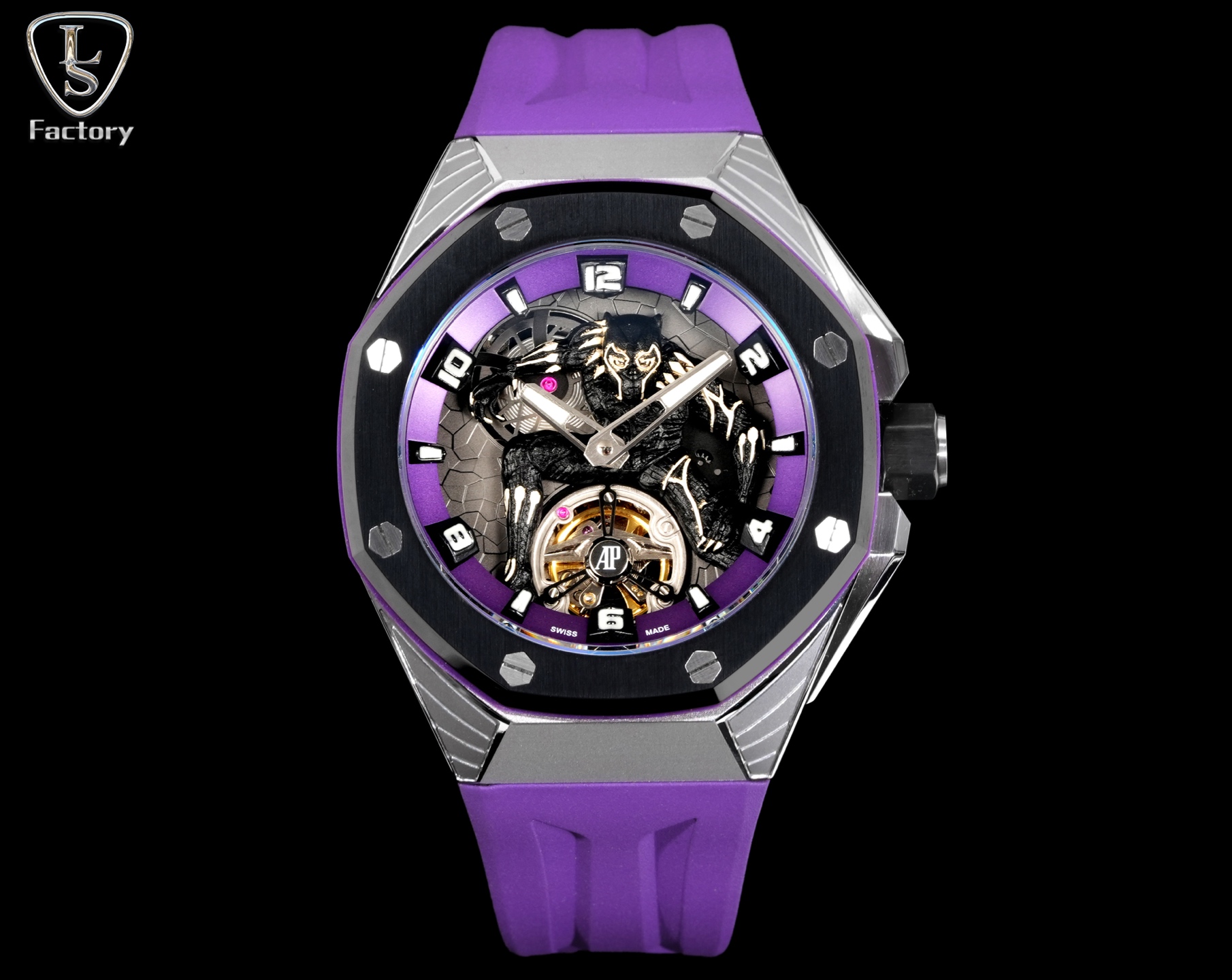 NO:689071,Unified LS.Factory Audemars Piguet [Marvel Black Panther Co-branded Limited Edition] Royal Oak Concept Series 26620lO.OO.D077CA.01 1. Newly molded 43 mm case, using a new design, a more ergonomic case, and more exquisite case details. It has larger polished chamfers, size 43MM~14MM,  The 43 mm wide case has been carefully modified to accommodate the new movement with a slightly larger diameter. 2. The movement uses an imported customized manual tourbillon movement, which is more beautiful and more stable in quality. 3. The case is made of Japanese 316 stainless steel, which shows that the steel case is more bright and bright (not ordinary 306 steel for the market) 4. The mirror is made of imported sapphire glass mirror 5.  The strap is made of canvas leather, which is more comfortable to wear and feels better. It is not pressed out of leather, and the buckle adopts a folding butterfly buckle. 6. Order now and you will receive a custom-made box that is convenient for you to carry with you. First come first served, while supplies last, audemars19860909统一 LS .Factory 爱彼 Audemars Piguet 【漫威黑豹联名限量款】 皇家橡树概念系列26620lO.OO.D077CA.01 1、新开模43 毫米表壳,采用全新设计、更符合人体工学的表壳、更精致的表壳细节,它具有较大的抛光倒角, 尺寸 43MM~14MM, 43毫米宽的表壳经过精心修饰,以容纳直径稍大的新机芯 2、机芯采用进口订制手动陀飞轮机芯,更佳美观,质量更稳定. 3、表壳采用日本 316 精钢打造,显示出钢壳更佳鲜亮（非市场用普通 306 钢） 4、镜面采用进口蓝宝石玻璃镜面 5、 表带采用帆布带包皮,配带起来更加舒服,手感更好,非皮革压制而出,扣子采用折叠蝴蝶扣. 6、现在下单送随身携带订制方便盒子一个,先到先得,送完为止,,audemars,Watch