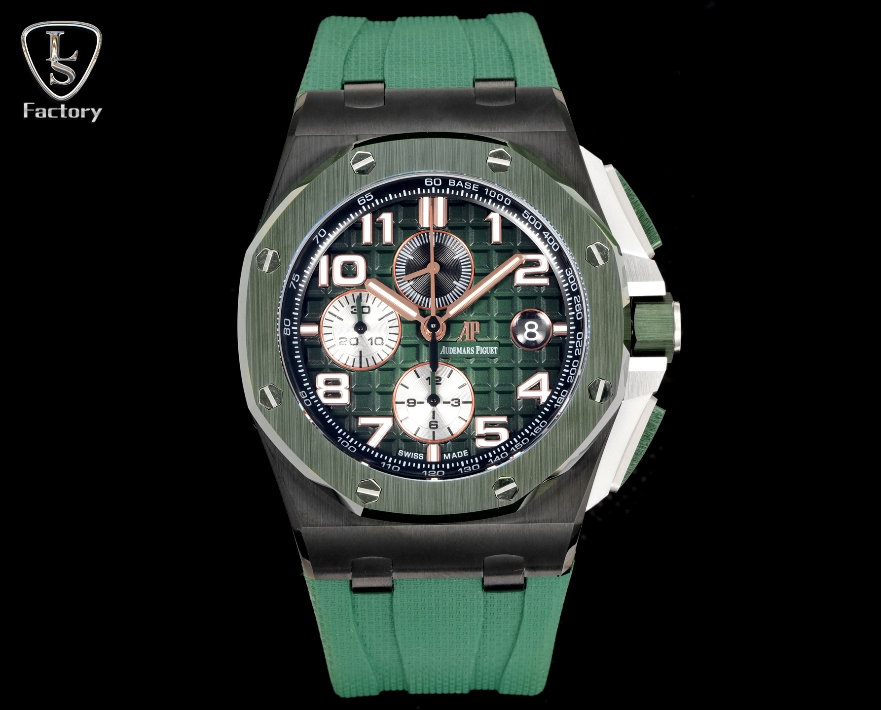 NO:728380,LS.Factory Audemars Piguet Royal Oak Offshore 26401RO.OO.A002CA.02 New upgraded version, to eliminate fakes at first glance 1. The movement adopts Shanghai (12 small seconds) modified Cal.3126 movement, [enlarged magnifying glass calendar, better appearance] quality is more stable. 2. The case is made of Japanese 316  Made of fine steel, the steel case is brighter and brighter (not ordinary 306 steel for market use) 3. The ring is made of Korean imported ceramics (black, blue, green, ceramic ring) and the mirror is sapphire glass 4. The strap is made of imported fluorine rubber tape, which is more comfortable to wear and feels better 5.  The dial is upgraded, the dial pattern is slow-cut by CNC (not hydraulic), the finished pattern is clear, and the iconic squares are now connected to each other by crosses.,,audemars19860909LS .Factory 爱彼 Audemars Piguet  皇家橡树离岸型26401RO.OO.A002CA.02 全新升级版,杜绝一眼假 1, 机芯采用上海（12 小秒）改 Cal.3126 机芯,【加大放大镜日历,更佳美观】质量更稳定. 2, 表壳采用日本 316 精钢打造,显示出钢壳更佳鲜亮（非市场用普通 306 钢） 3, 圈口采用韩国进口陶瓷（有黑色,蓝色,绿色,陶瓷圈口）镜面采用蓝宝石玻璃镜面 4, 表带采用进口氟橡胶胶带,配带起来更加舒服,手感更好 5, 表盘升级,表盘纹路由CNC慢冼（非油压式）,成品纹路清晰,标志性的方形现在通过十字相互连接.,,audemars,Watch